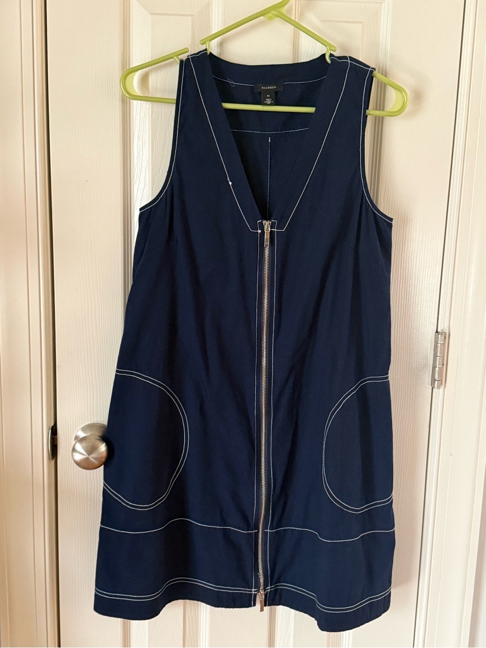 Halogen Navy Blue Contrast Stitch Zip Front Pocket Mini Dress Medium